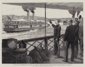 De Nijl-expeditie voor de verlichting van generaal Gordon, de Black Watch juicht Lord Wolseley toe aan de Nijl door Frederic Villiers